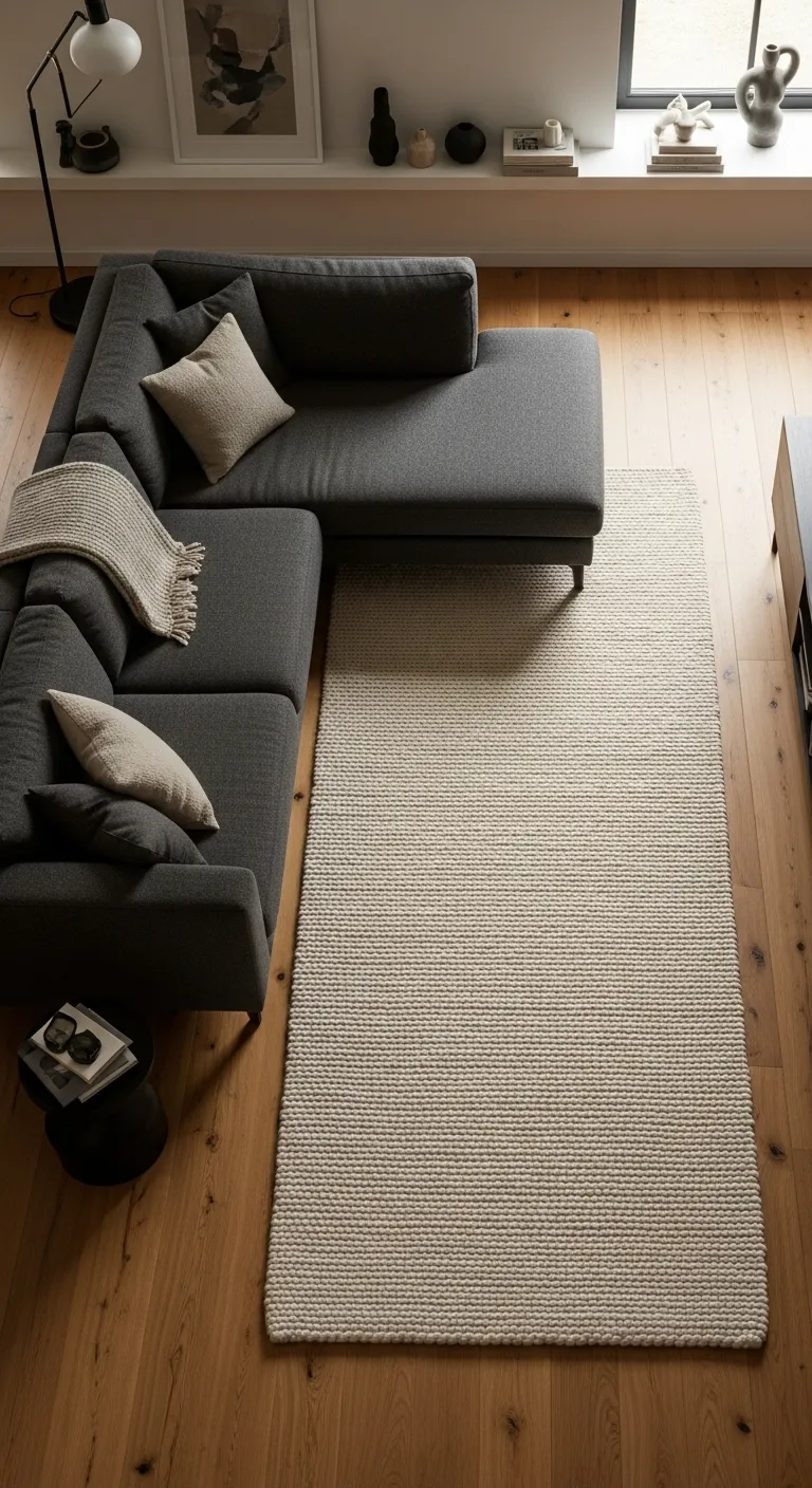 Top down view of charcoal sectional sofa with deep chaise on a vertical cream rug