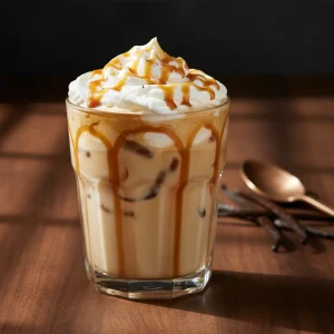 Close-up of The Blondie iced coffee with caramel drizzle on a wooden table, representing 7 Brew drinks orders coffee sweet.