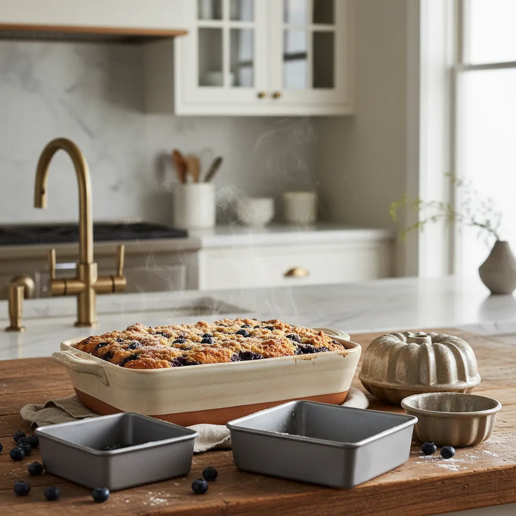 Freshly baked blueberry coffee cake in a rectangular pan