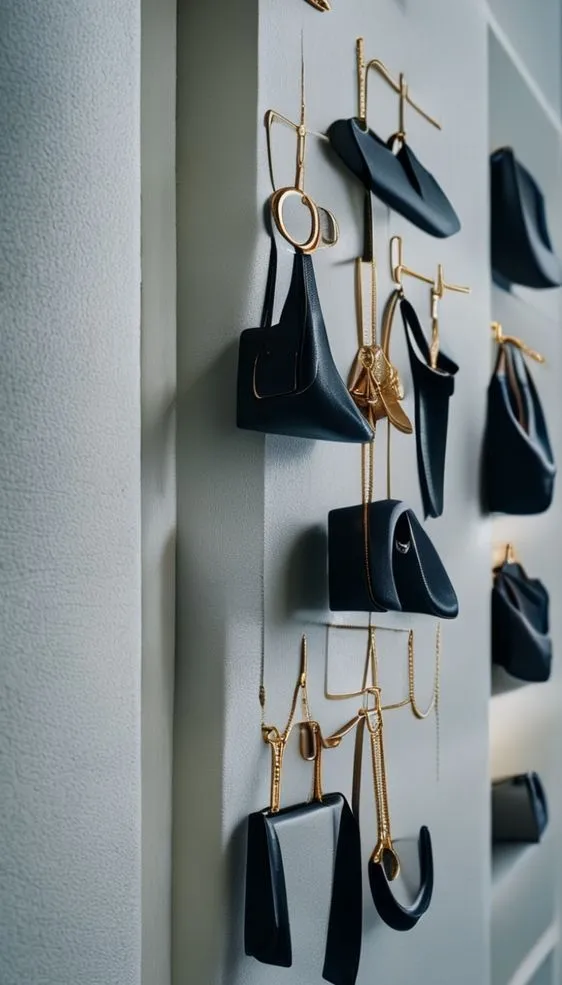 Damage-free adhesive hooks used on a small closet wall to hang belts, scarves, and jewelry.