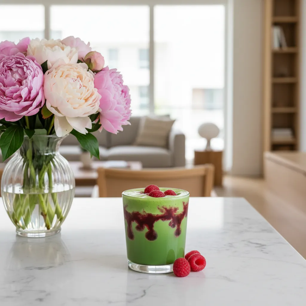 A vibrant green iced matcha latte with raspberry syrup on a luxurious marble surface.