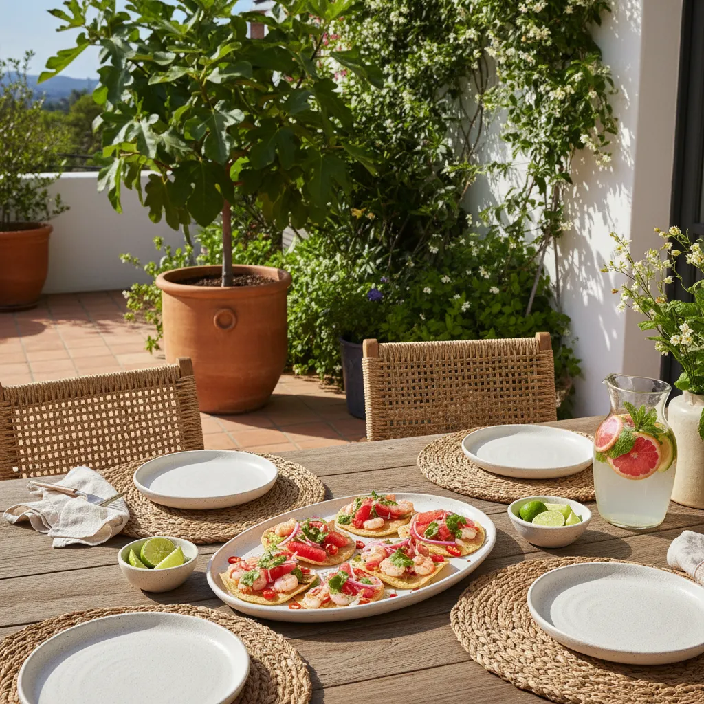 Outdoor patio dining table set with woven placemats and ceviche tostadas
