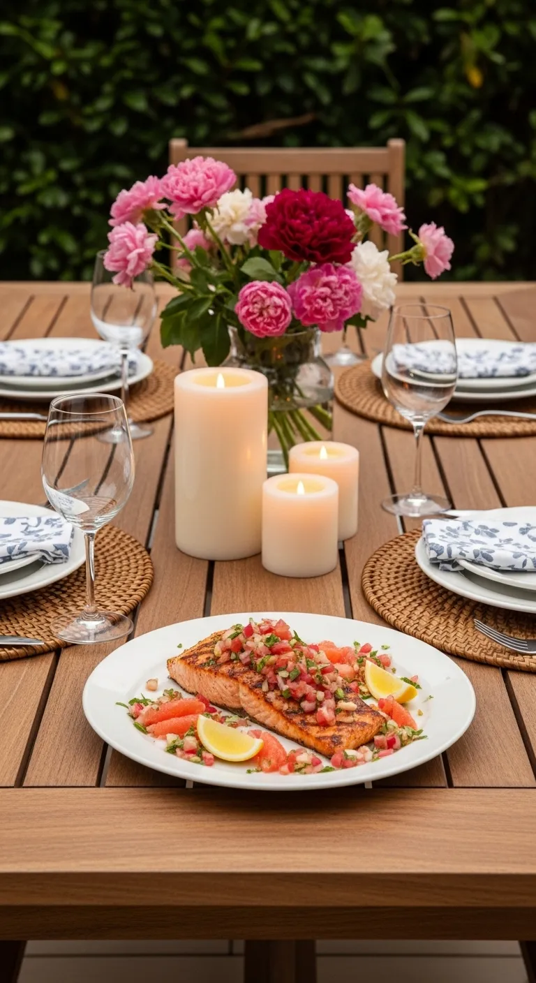 Outdoor dining table styled with candles and grilled salmon platter