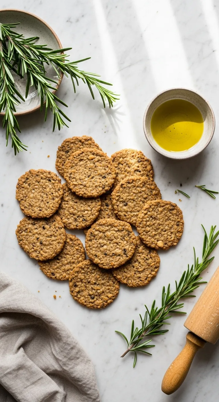 Sourdough discard crackers with rosemary on a marble kitchen surface