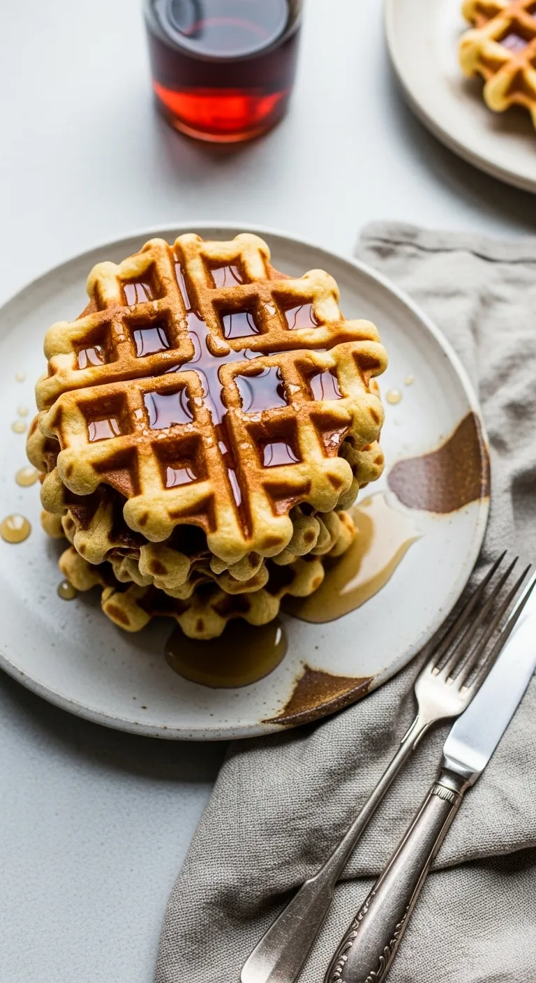 Golden sourdough waffles on a ceramic plate with linen napkins