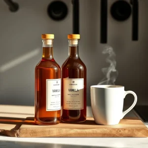 Two amber glass bottles containing homemade vanilla bean and salted caramel coffee syrup on a modern wooden shelf.