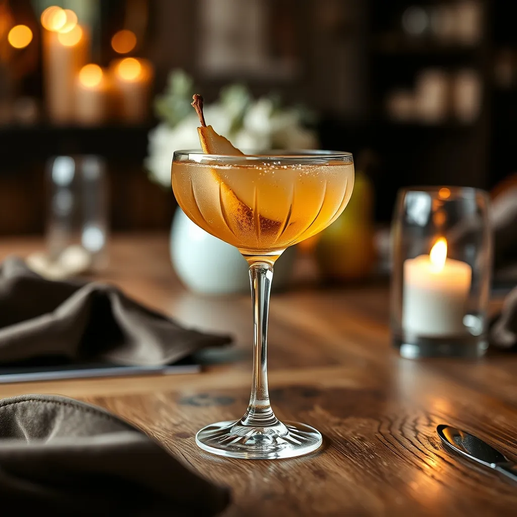 Spiced pear sparkler cocktail on a rustic wooden wedding bar with velvet napkins