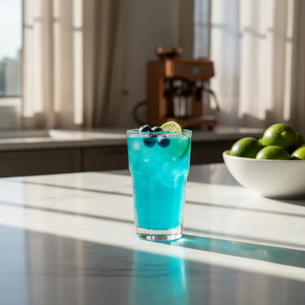 Bright blue iced energy drink in a tall glass on a marble kitchen island with fresh limes