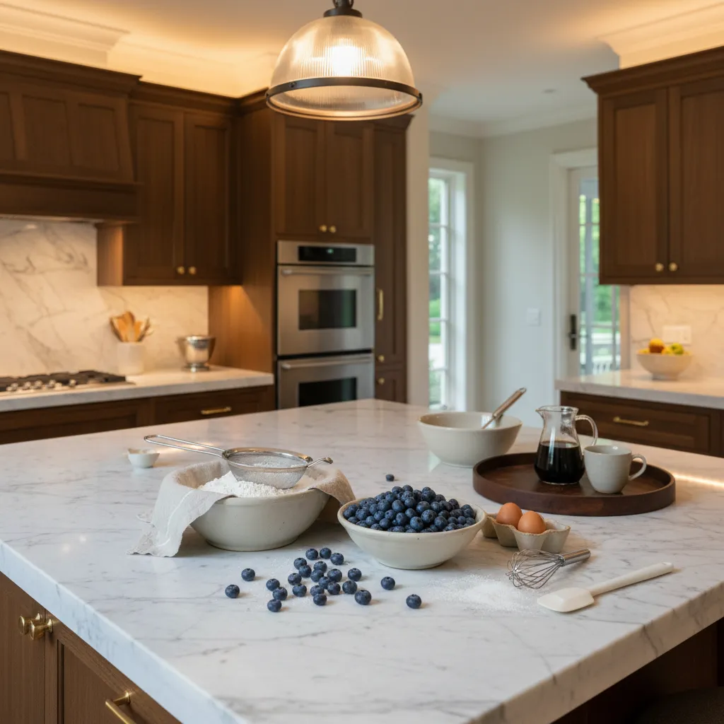 Elegant kitchen setup for baking blueberry coffee cake