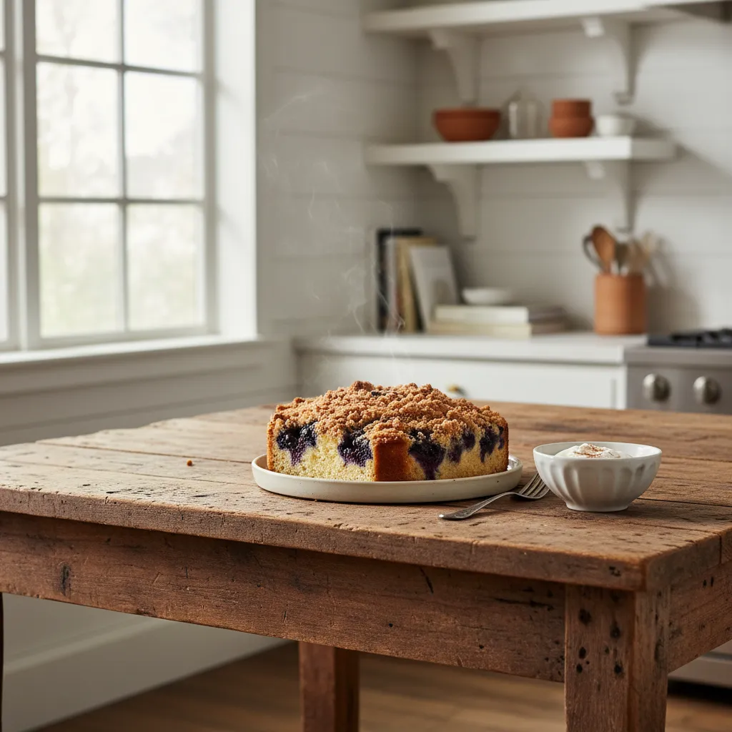 A fresh blueberry coffee cake with cinnamon streusel on a wooden kitchen island
