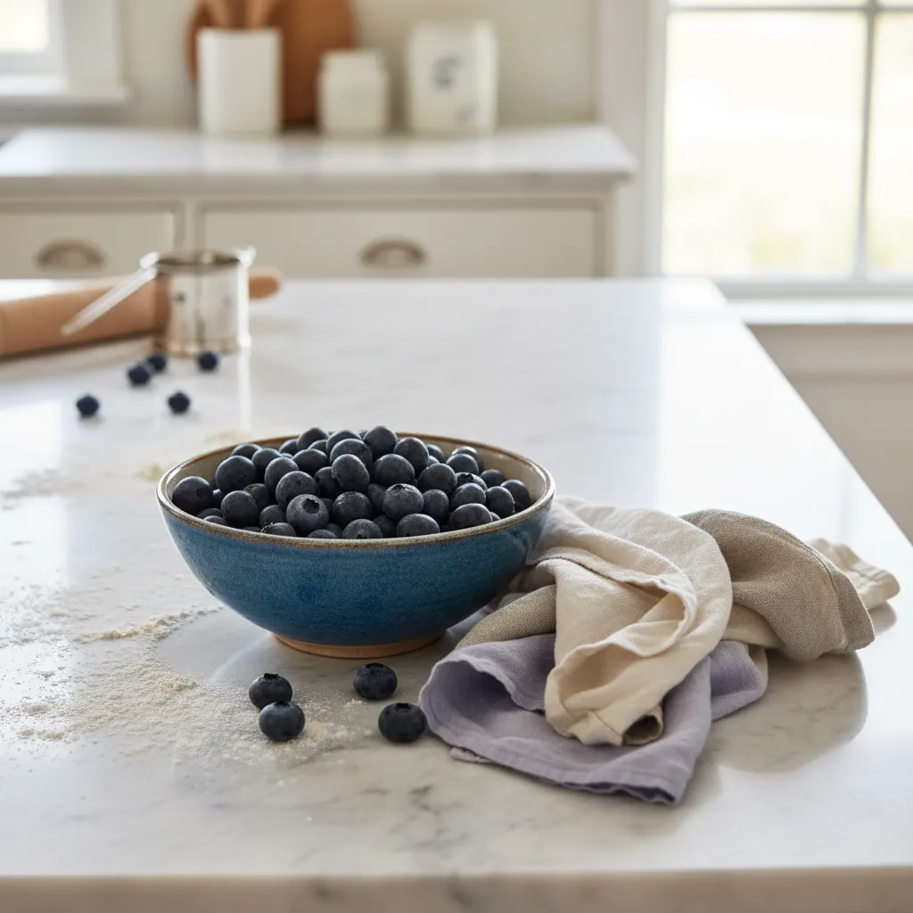 Fresh blueberries in a ceramic bowl on a luxury kitchen island