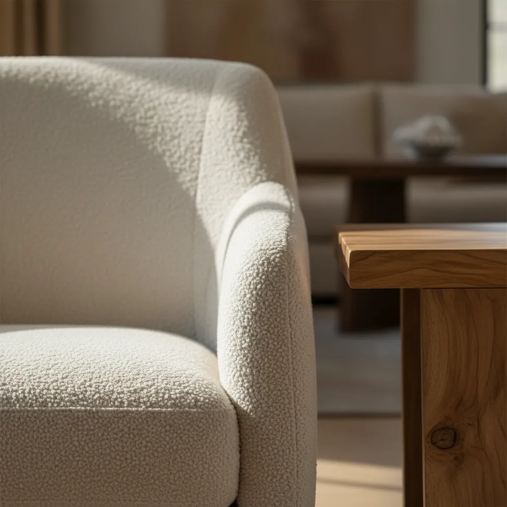 Close up of white boucle fabric on armchair near wood table