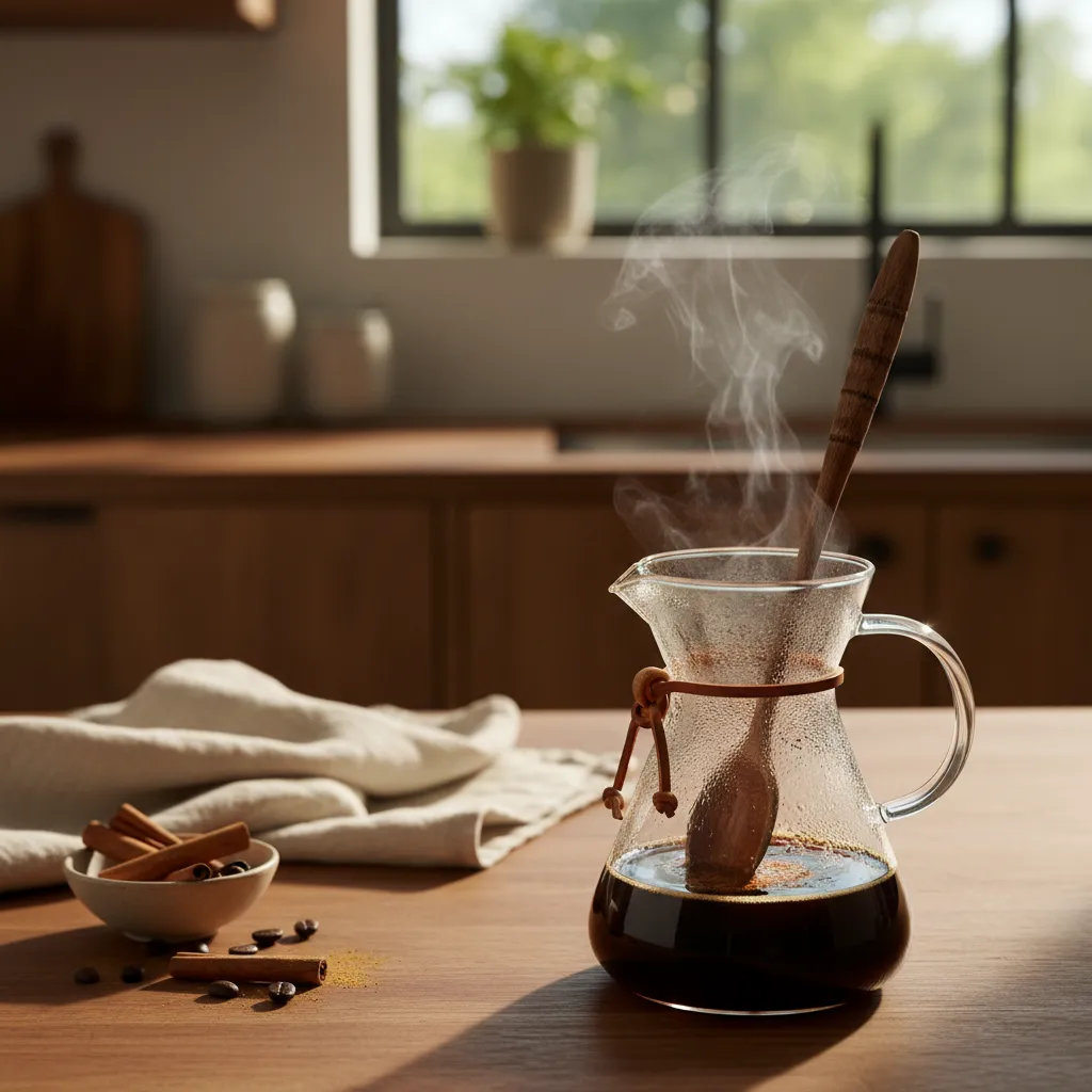 Pour over coffee method with cinnamon stick infusion in a modern rustic kitchen