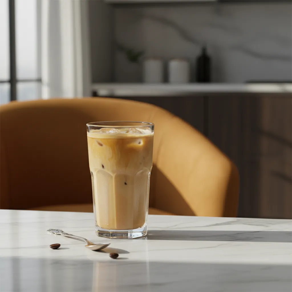 Butter pecan iced coffee with cream swirls on a marble countertop