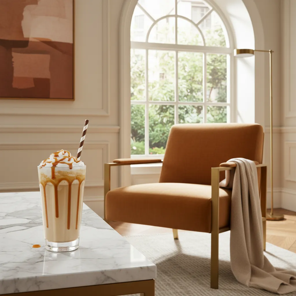 Indulgent Dunkin Caramel Craze Signature Iced Latte on marble counter