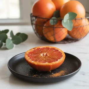 Broiled red grapefruit with caramelized honey and cinnamon on a dark plate, styling ideas for healthy breakfast.