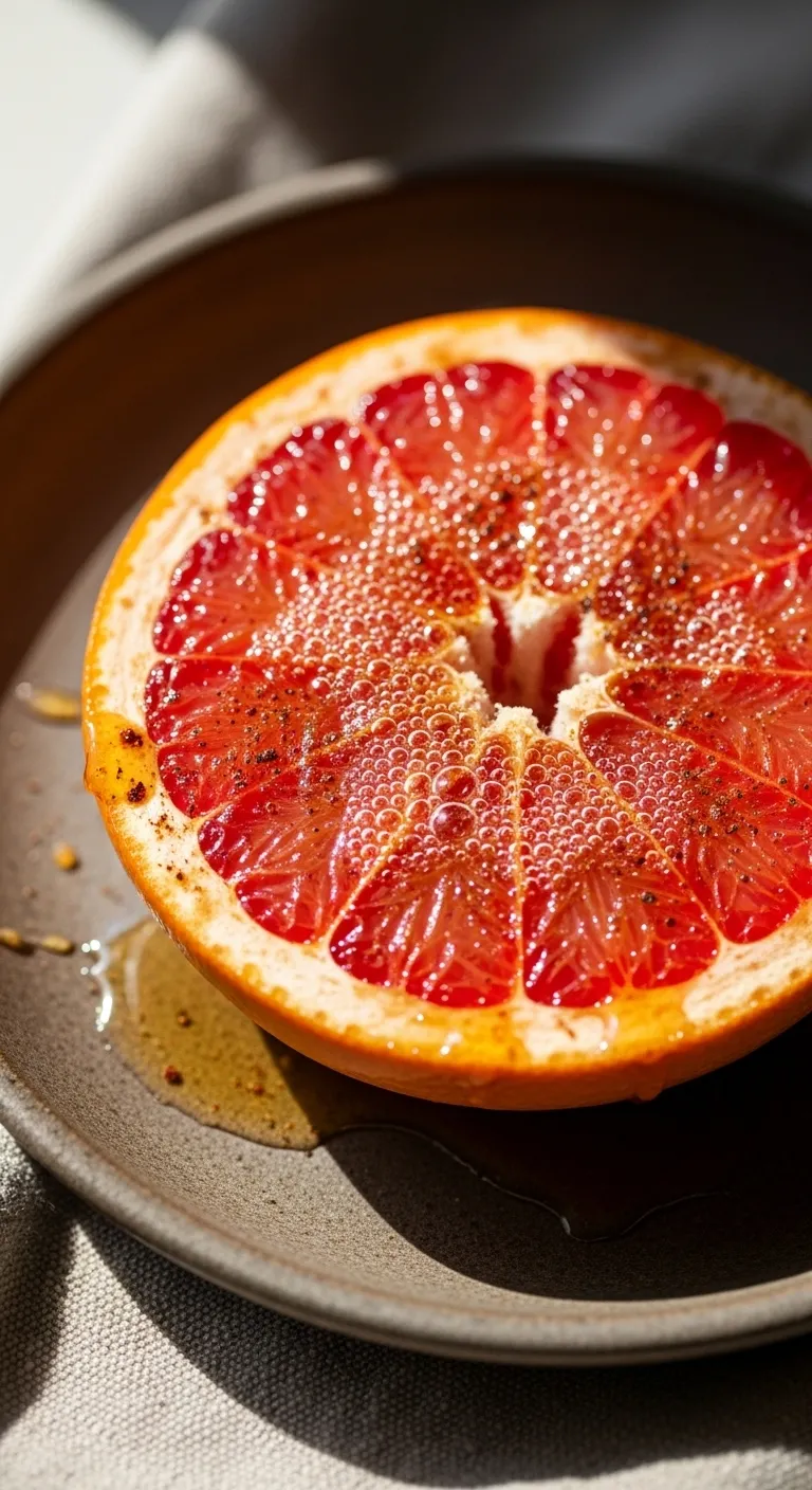 Broiled red grapefruit with cinnamon and honey served on rustic ceramic tableware