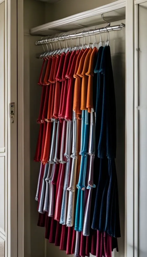 A close-up of velvet hangers linked vertically with upcycled soda tabs to save space in a small closet.