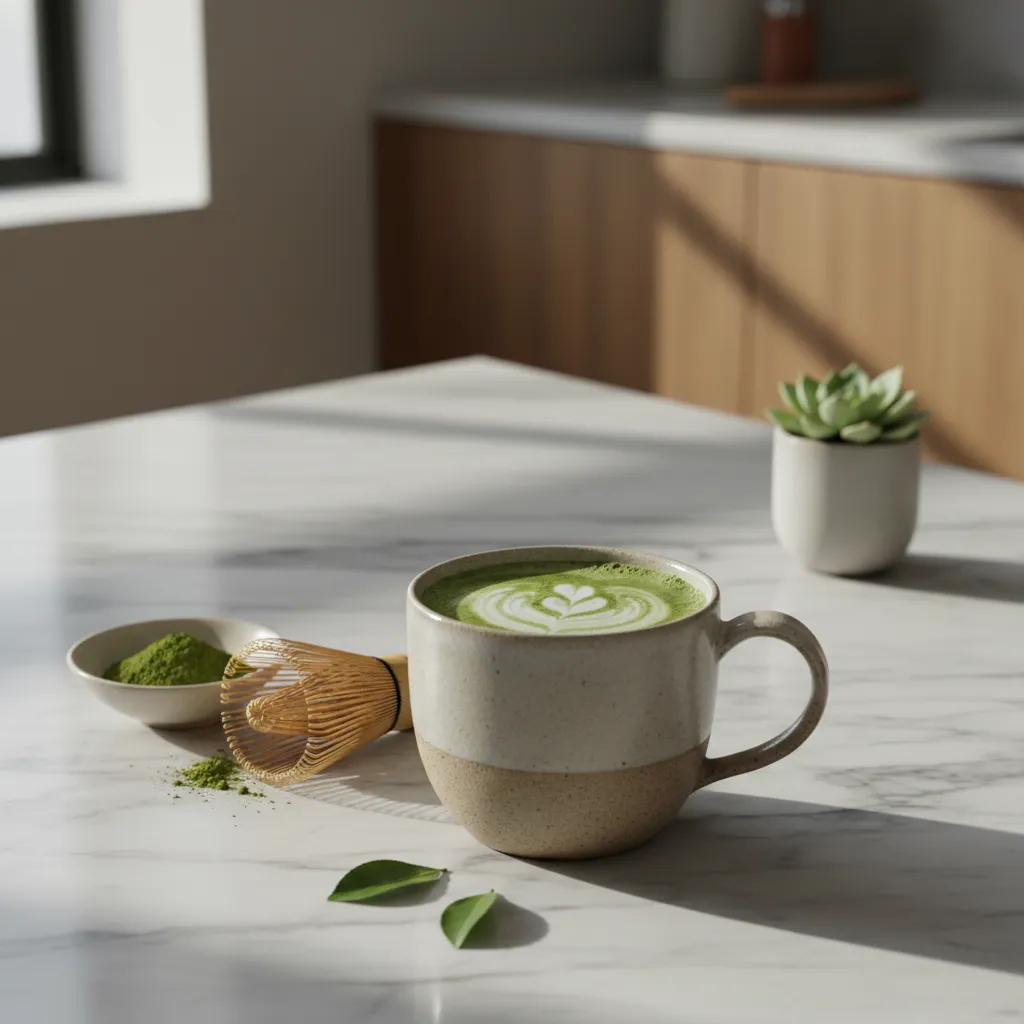 Frothy green matcha latte in a handmade ceramic cup on a marble kitchen island