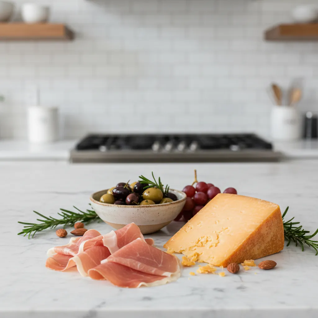 A selection of high-quality ingredients for a DIY charcuterie tasting kit, including cured meats, cheese, and olives.