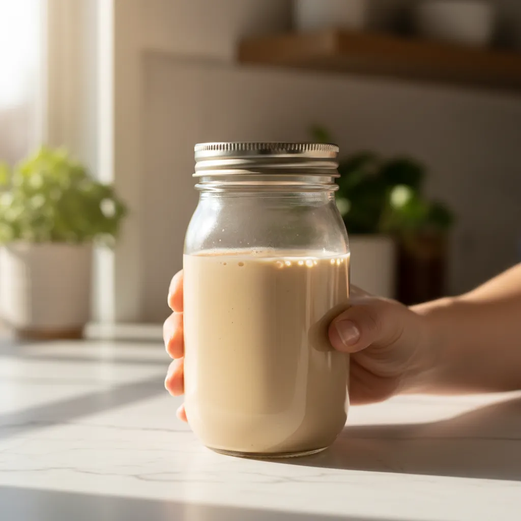 Close up of creamy texture in a glass jar to check for spoilage