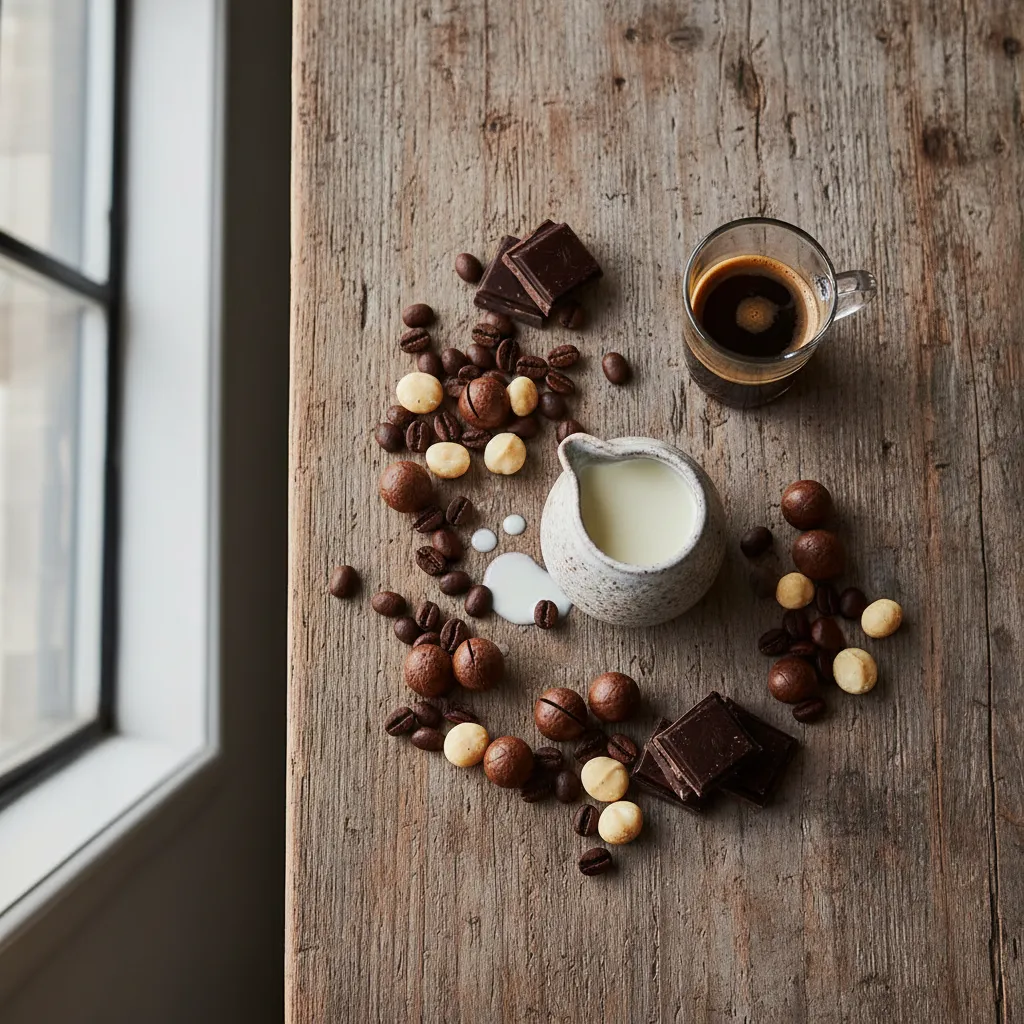 Ingredients for chocolate macadamia nut breve laid out on a wooden table