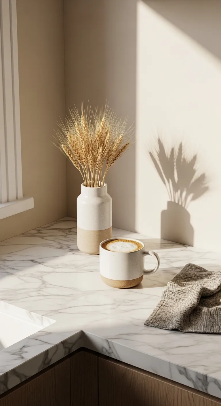 Ceramic coffee mug with latte art on a marble counter surrounded by warm neutral decor