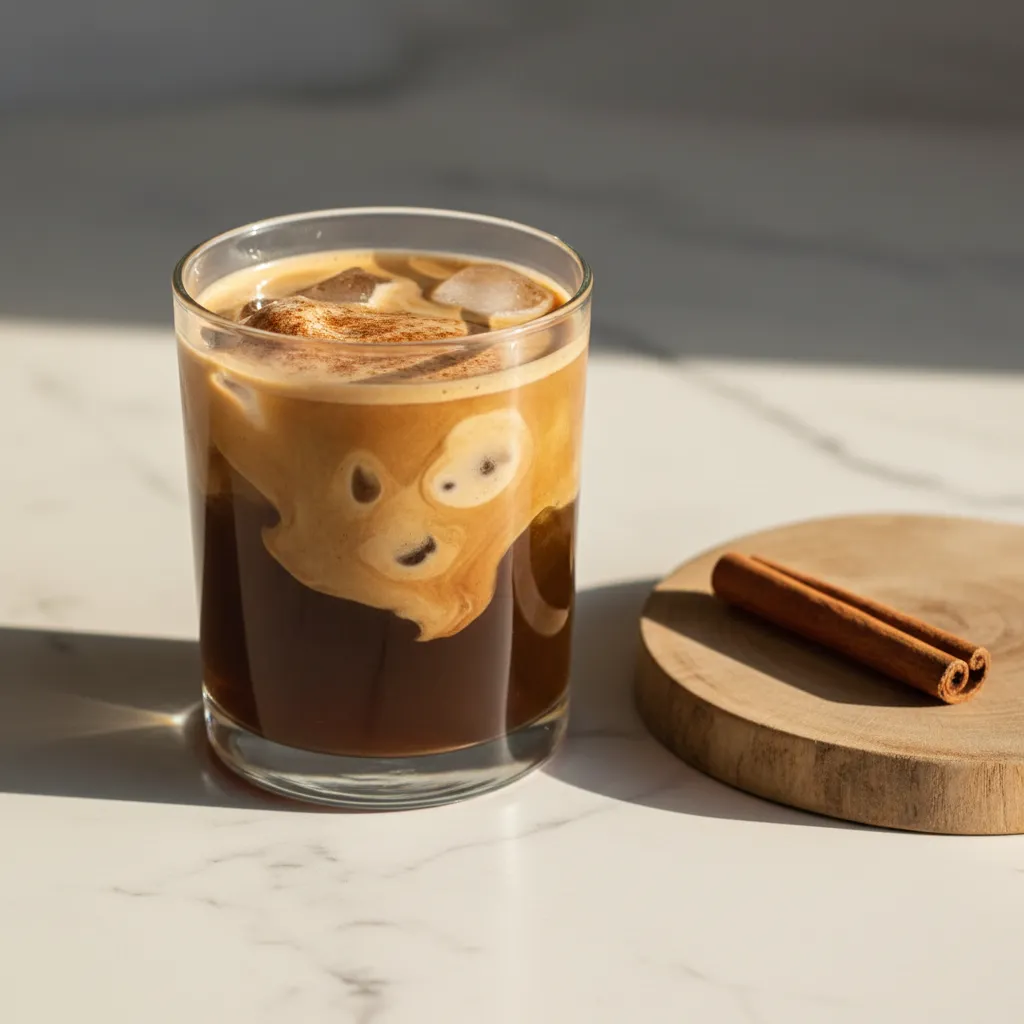 Cinnamon roll protein cold brew coffee with creamy swirl on marble surface