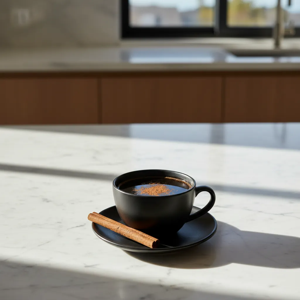 Black coffee with cinnamon powder in a matte black cup on a marble kitchen island
