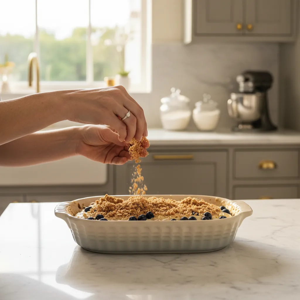 Sprinkling cinnamon streusel over cake batter in a modern kitchen