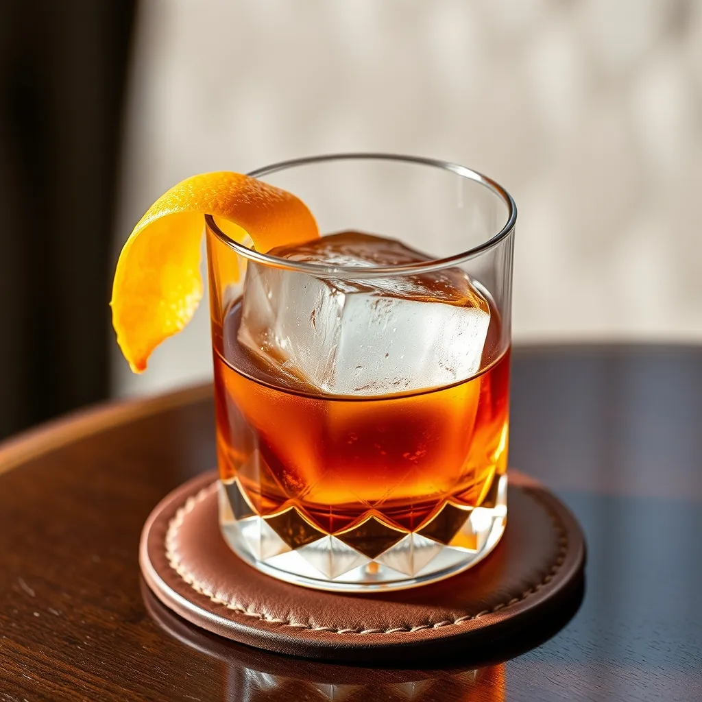 Old Fashioned cocktail on a leather coaster near dark wood