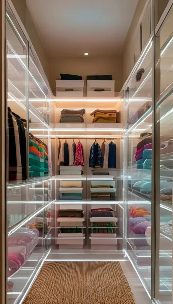 Organized closet with stackable clear bins and warm lighting