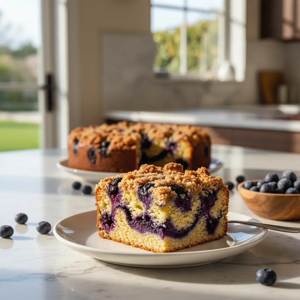 A detailed shot of a moist blueberry coffee cake slice showing the vibrant purple fruit pockets.