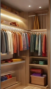 A compact, well-organized closet demonstrating ideas for small spaces, featuring double-hanging rods, adjustable shelves, and a creative scarf storage solution.