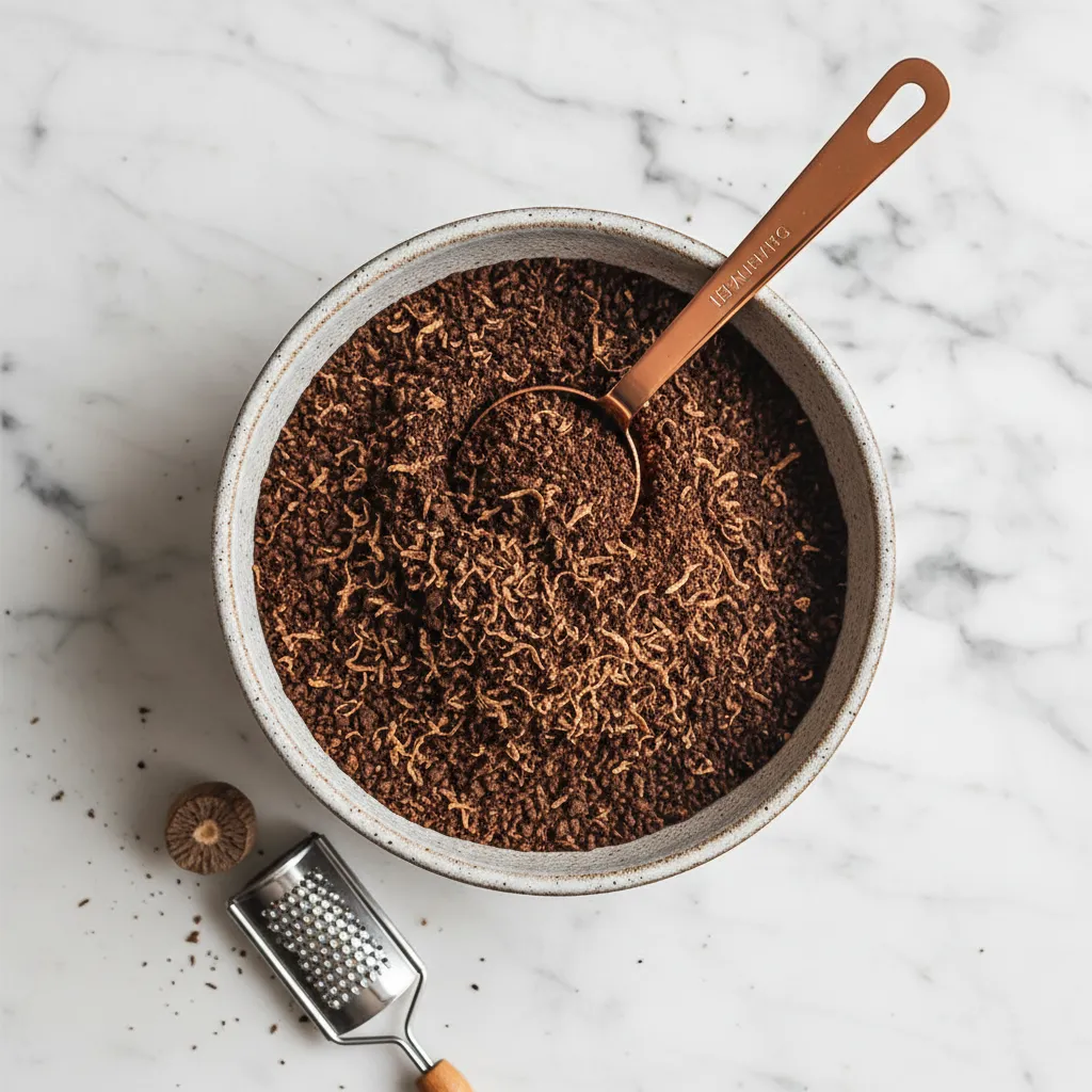 Coarse coffee grounds mixed with grated nutmeg for french press