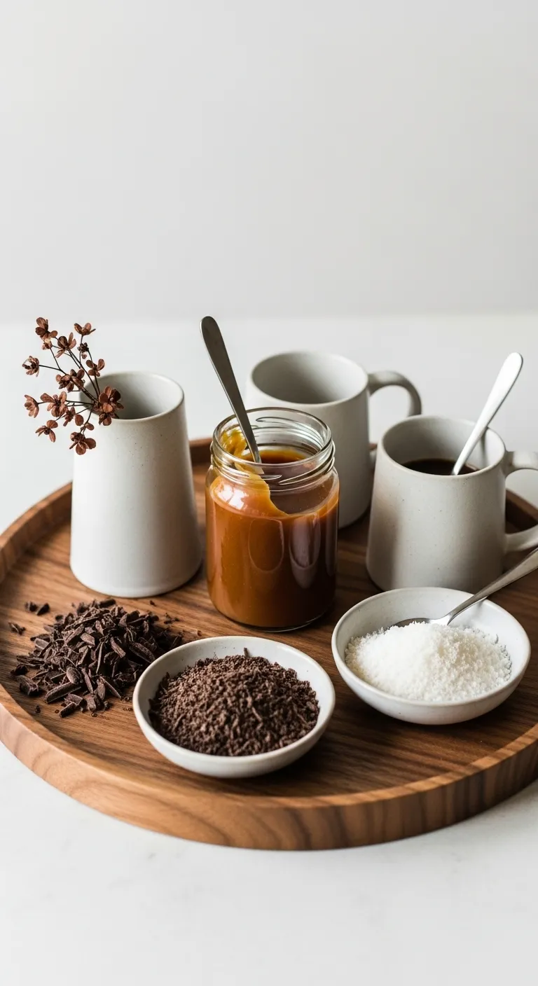 Artistic arrangement of mocha coconut and caramel ingredients for coffee styling