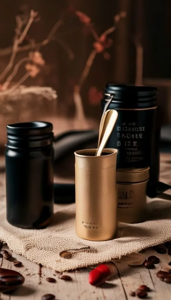 Close-up of brass spoon and matte coffee canisters on a linen napkin.