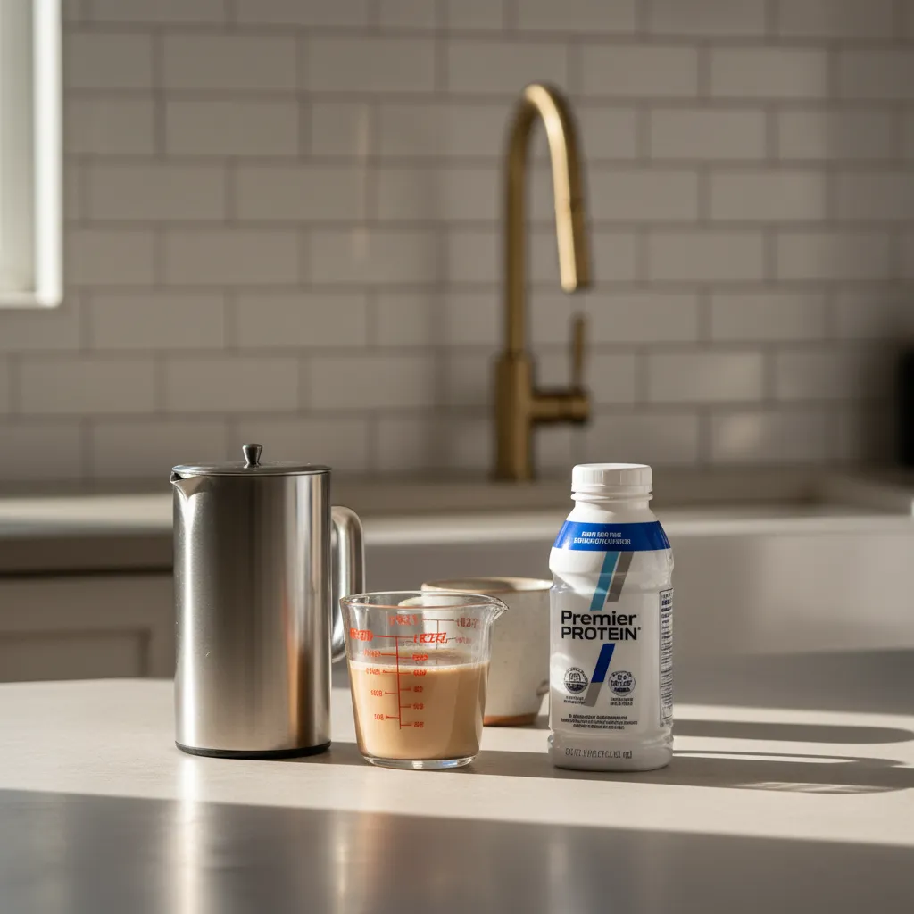 Kitchen counter setup for making protein coffee with frother and ingredients