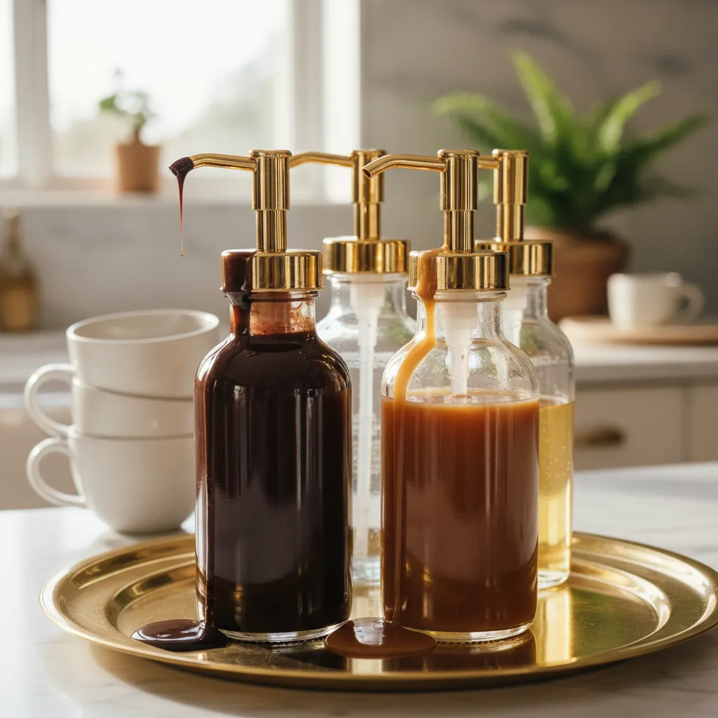Styled coffee syrup bottles with gold pumps on a brass tray