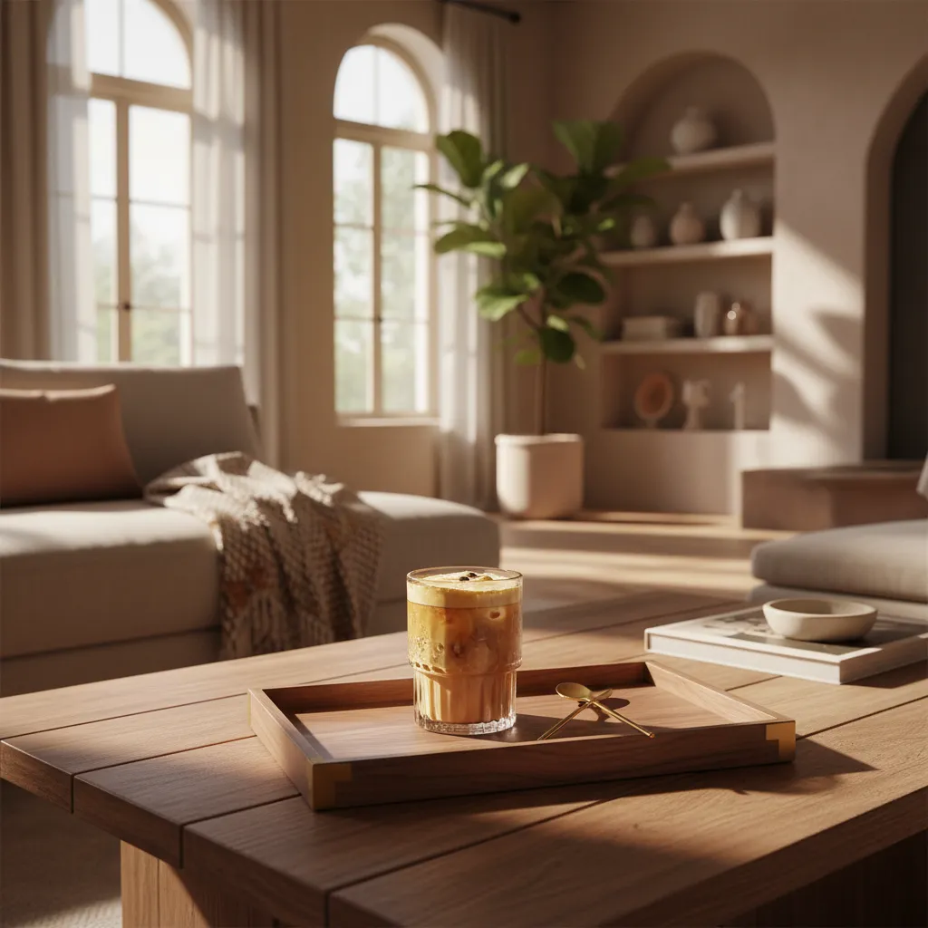 Close up of whipped cream and caramel drizzle on a latte