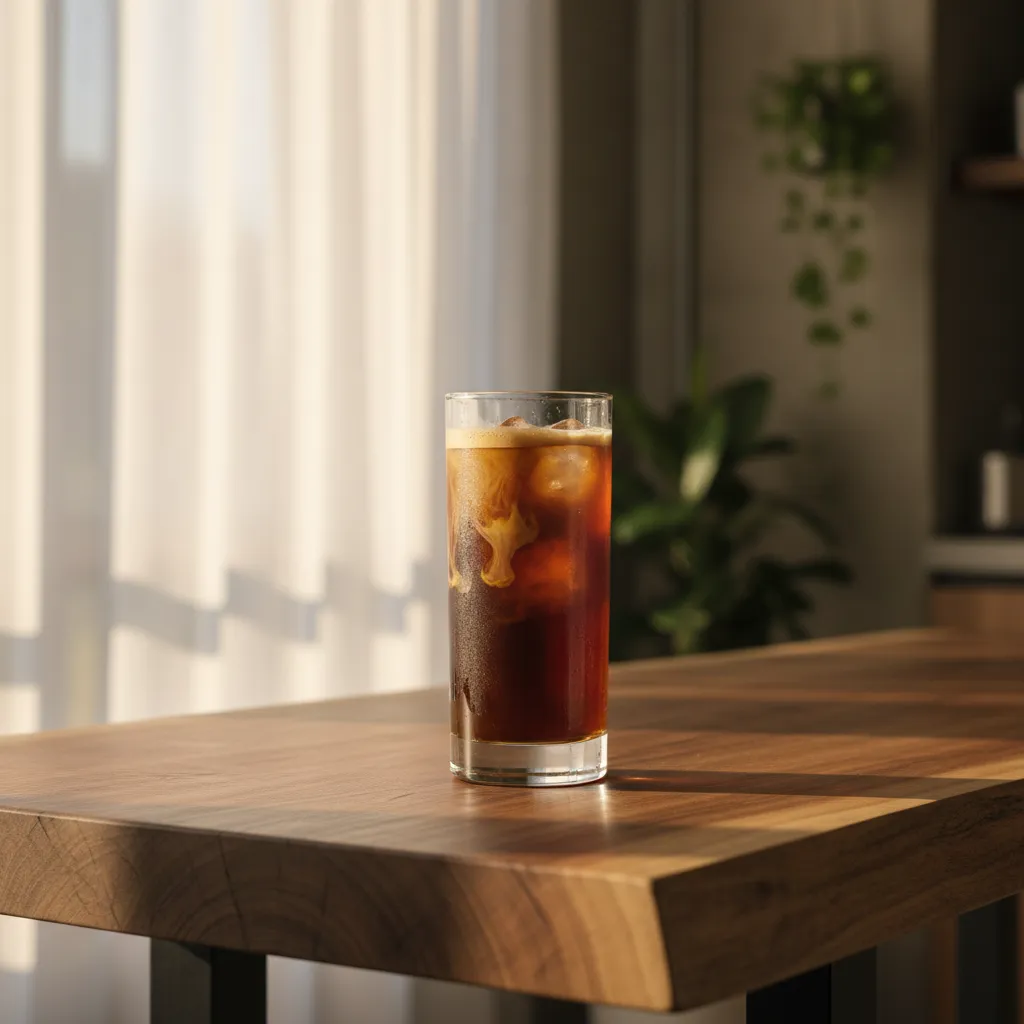 Glass of cold brew coffee highlighting rich texture and amber hues