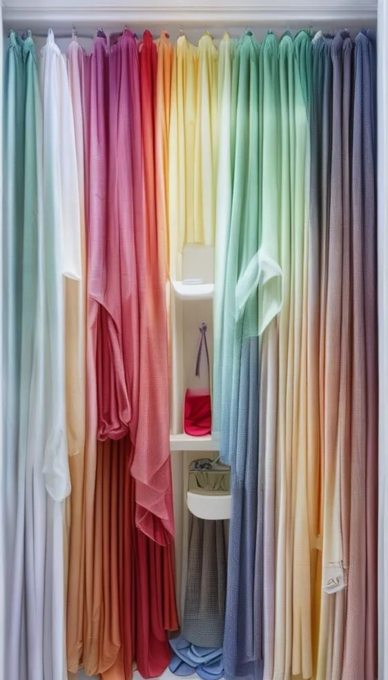 Color-coded scarves hanging neatly on rings in a minimalist white closet.