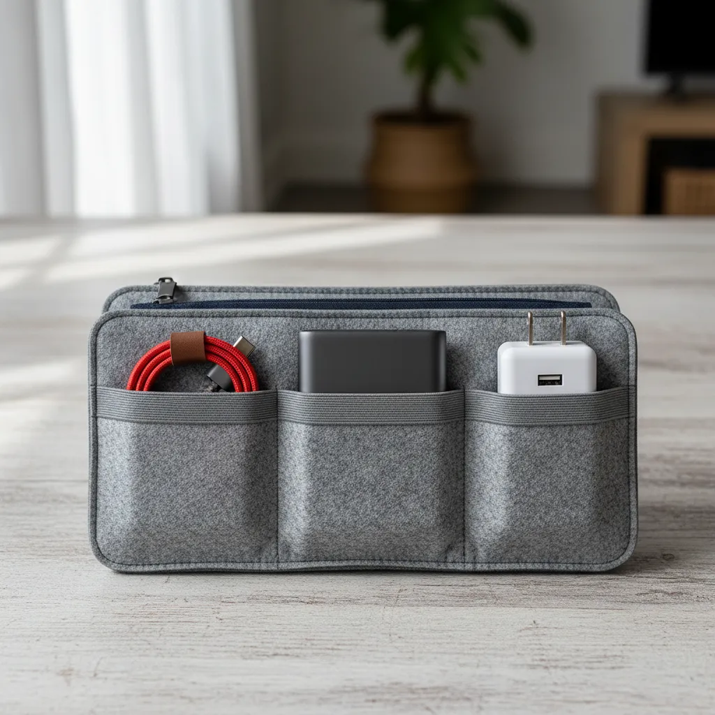 Interior view of a tech organizer showing neatly arranged cables and a power bank in dedicated slots.