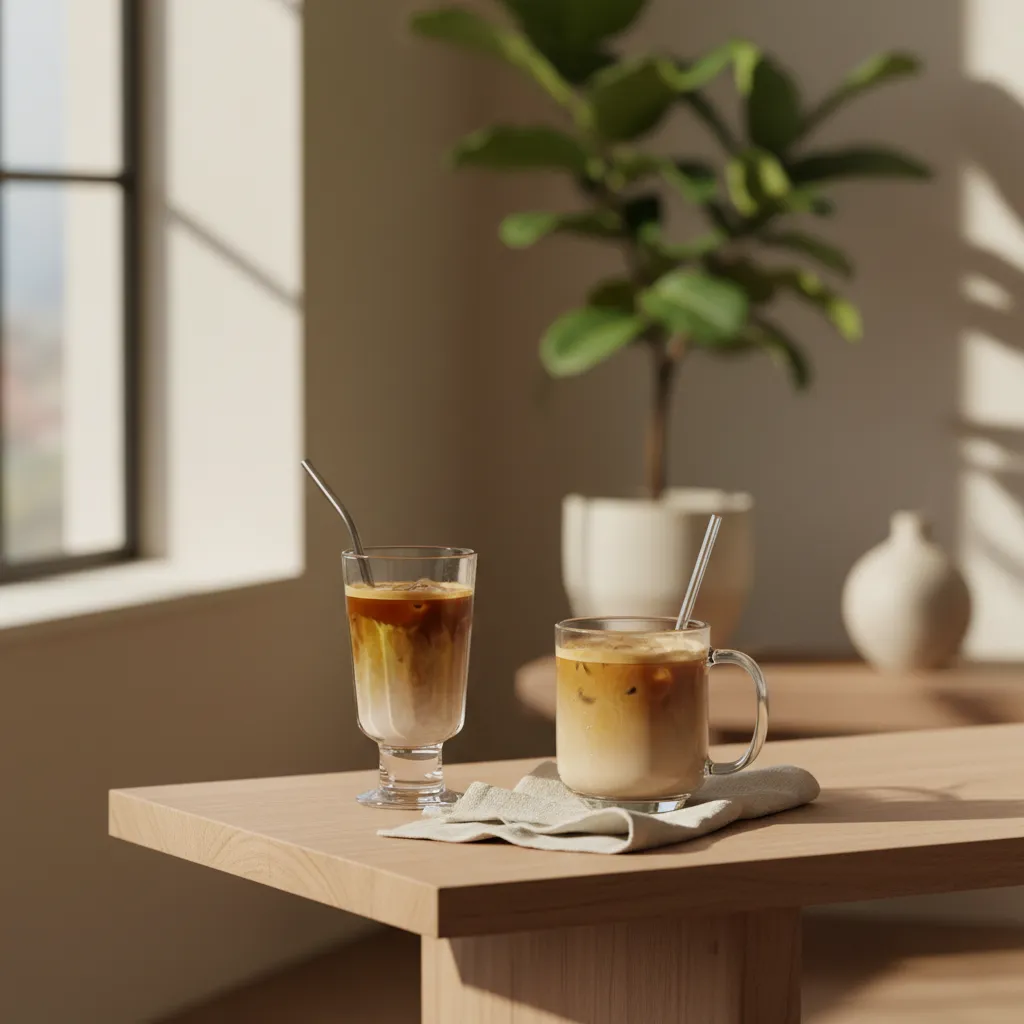 Two different iced lattes on a minimalist wooden table