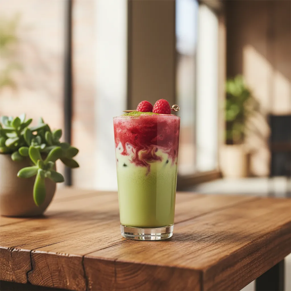 Close up of green matcha and red raspberry syrup layers