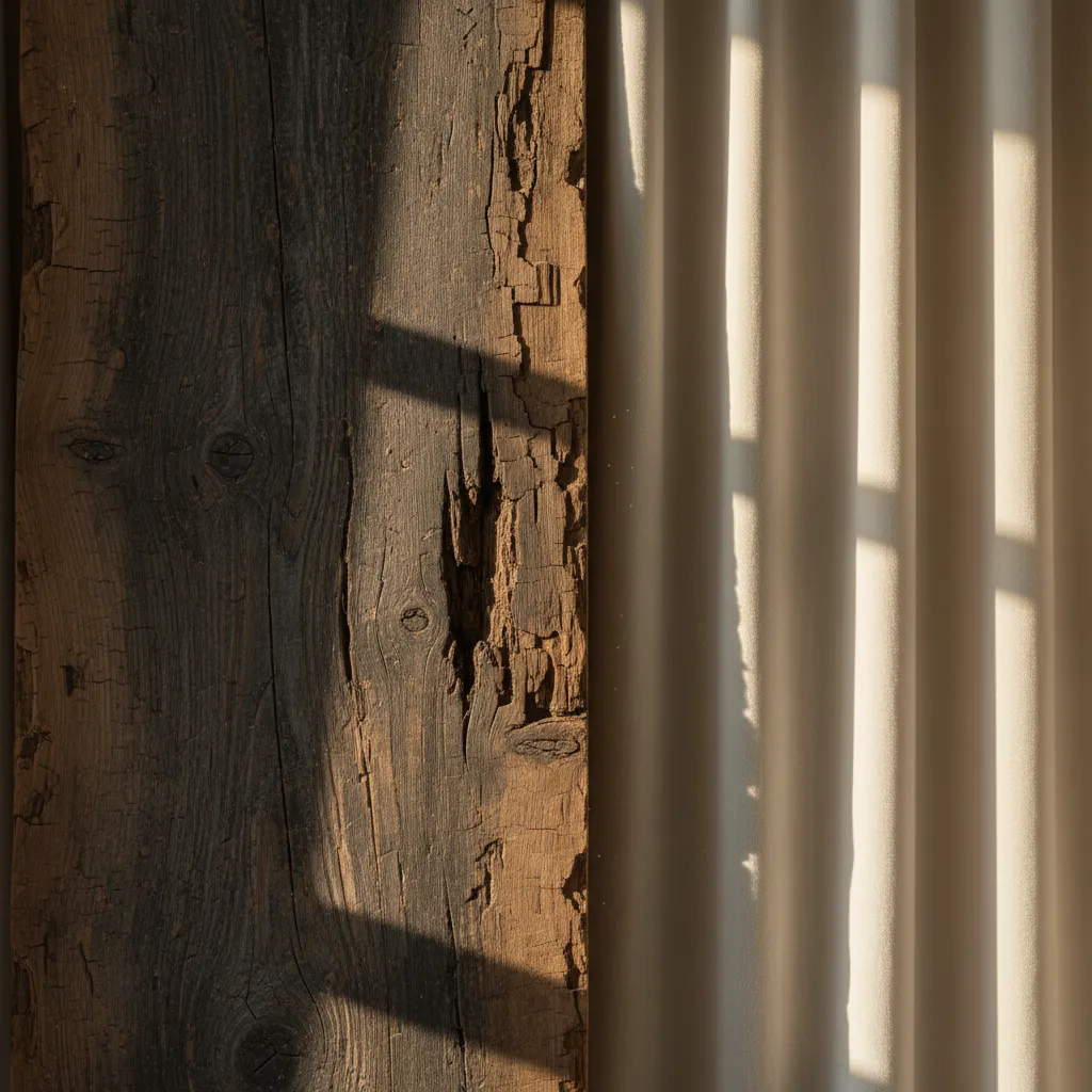 Close up of dark raw wood paired with smooth white velvet fabric