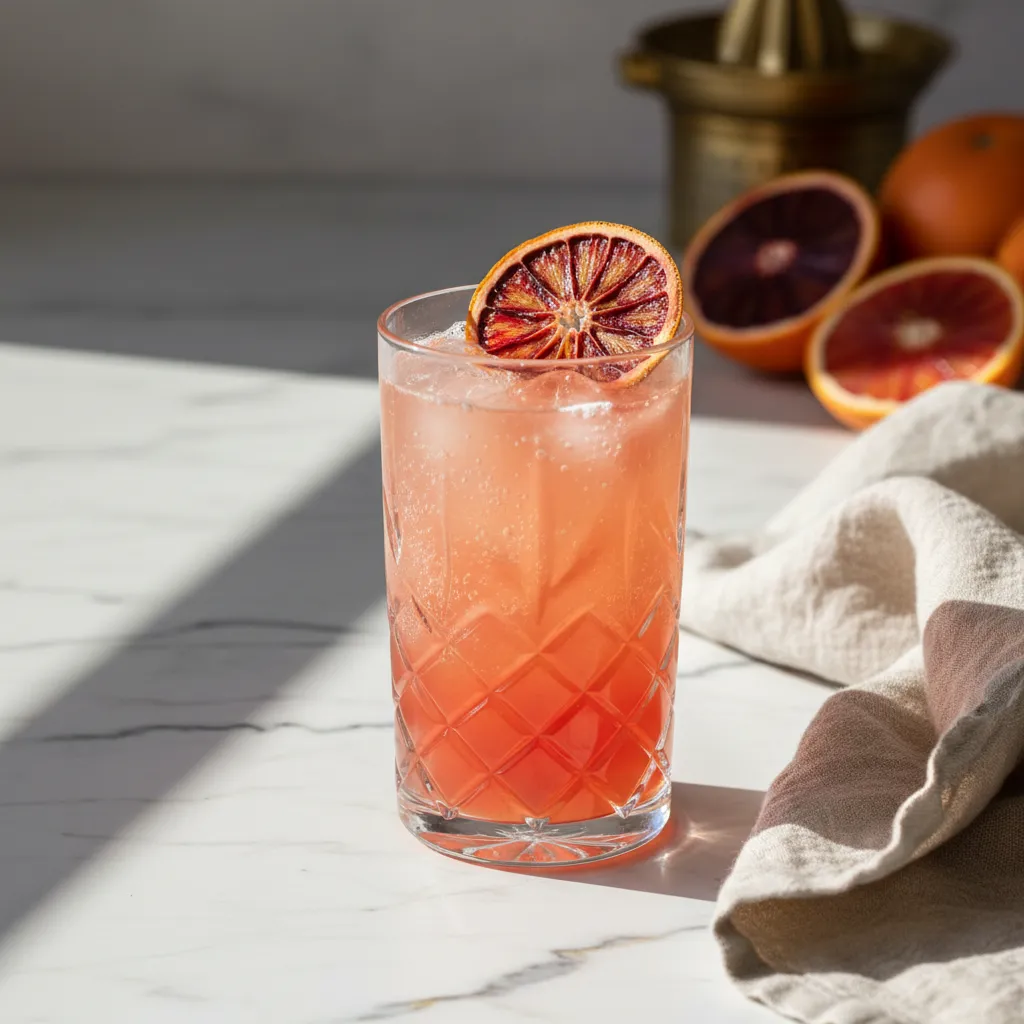 Sparkling blood orange mocktail on marble counter with linen accents