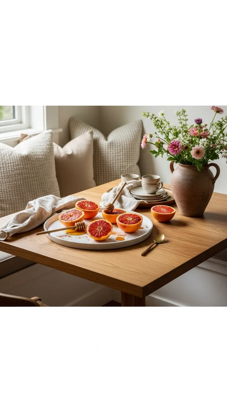 Wooden breakfast table styled with broiled grapefruit and organic decor textures