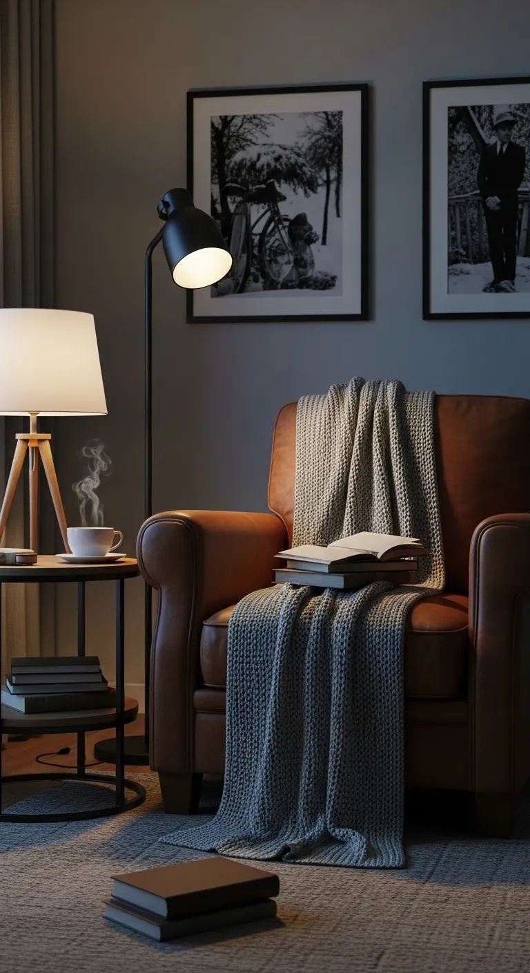 Cozy reading nook with leather armchair and coffee cup on side table