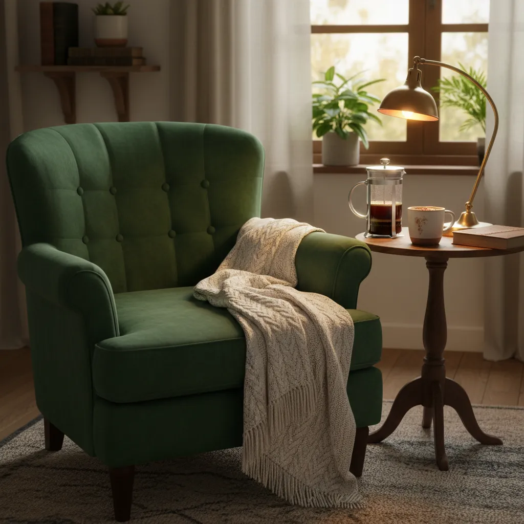 Comfortable reading nook with coffee cup on side table